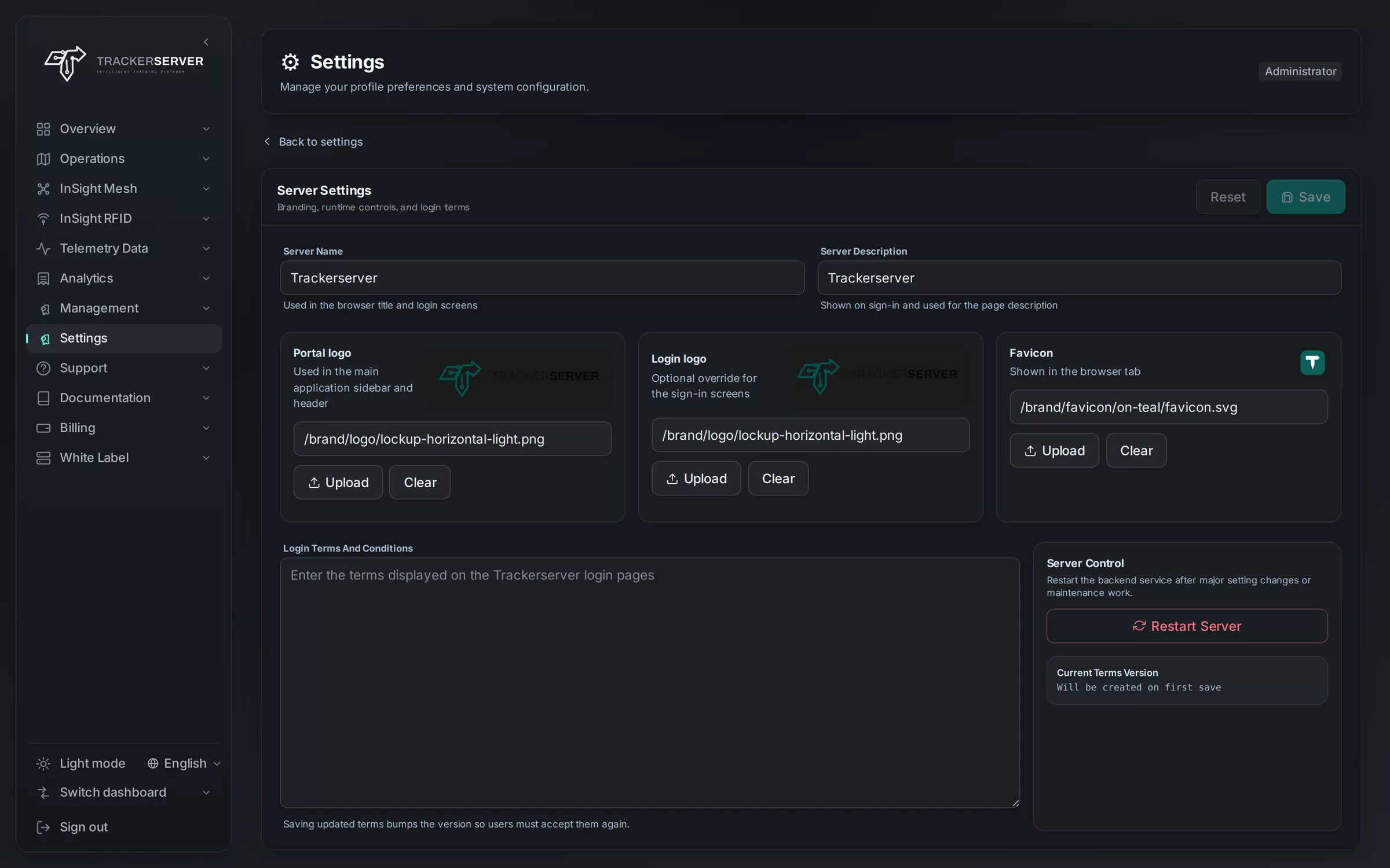 Trackerserver's branding settings: server name, logos and favicon